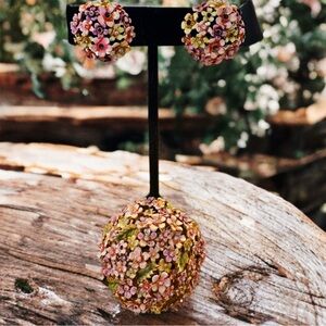 Vintage Corocraft Brooch & Clip Earrings Set Enamel Rhinestone Flower 1960s